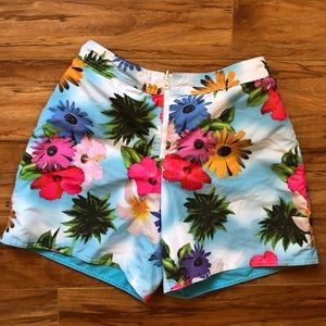 Vintage Catalina swim shorts high waisted reversible tropical floral blue small
